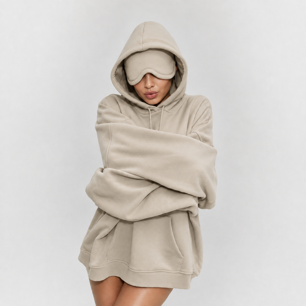 Le Hoodie Voyage BEIGE : Sweat confort avec masque de sommeil intégré
